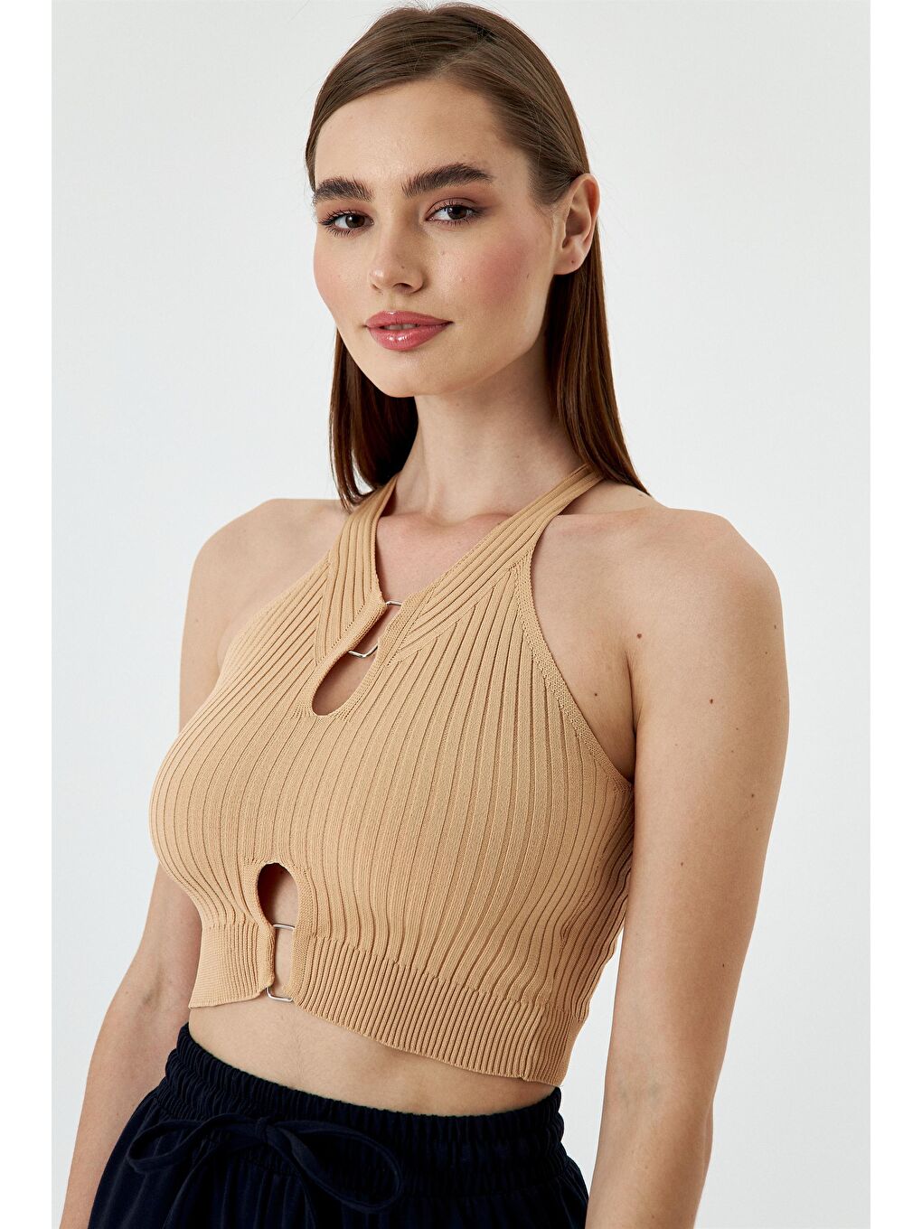 Fitilli Triko Bej Kadın Crop-4