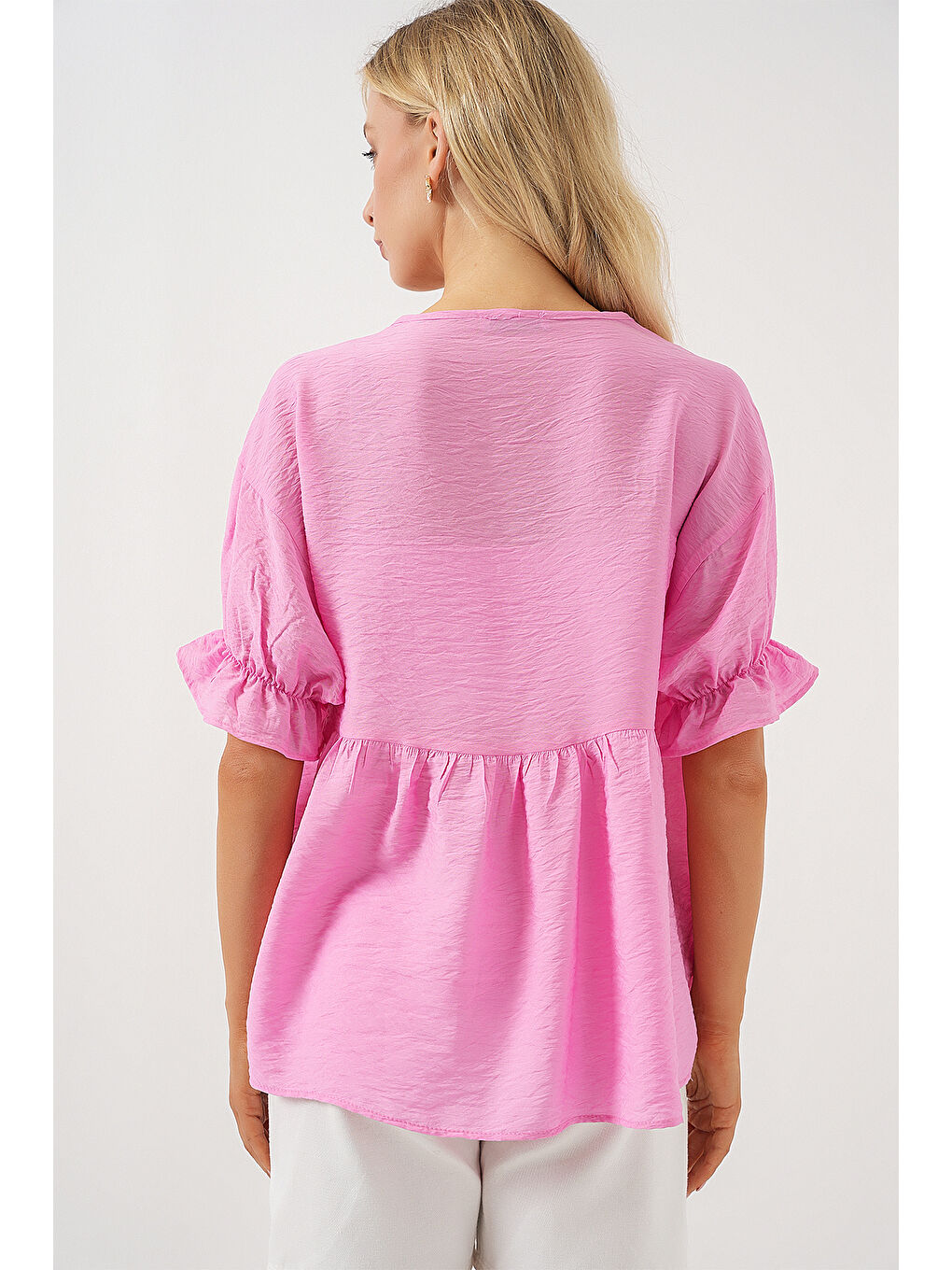 Kadın Önü Bağcıklı Kısa Kol Bluz 962 - Pembe-5