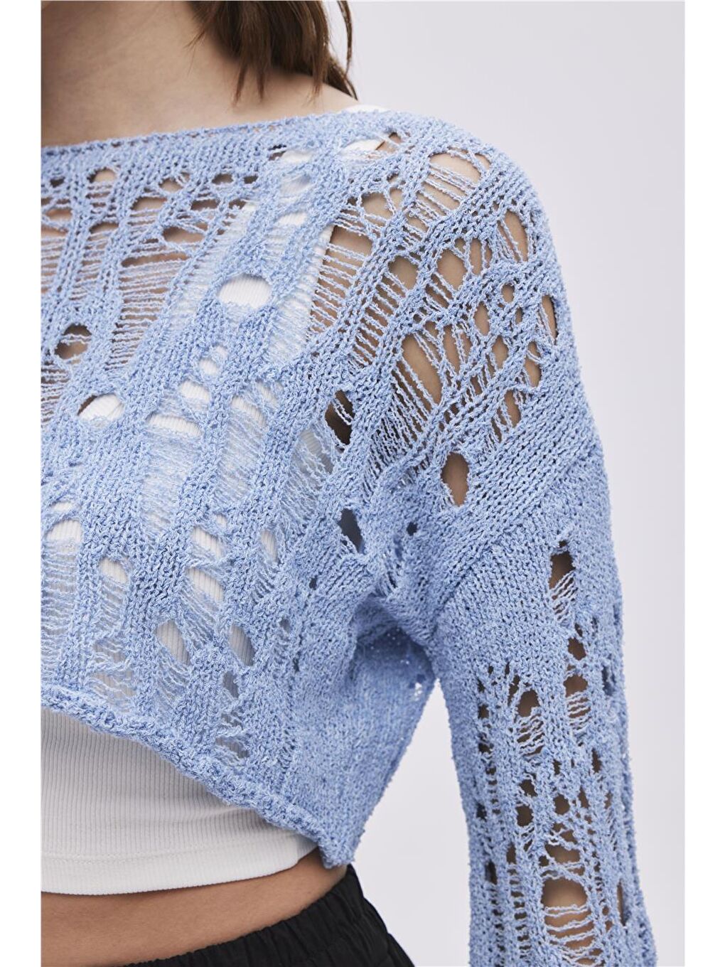 Mavi Sökük Detaylı Triko Crop-3