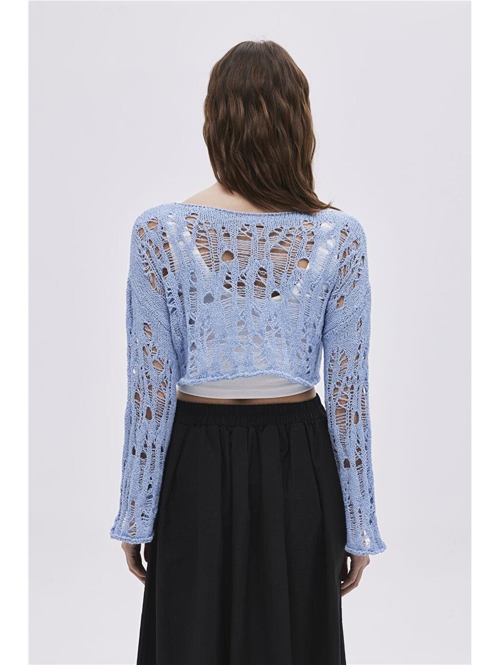 Mavi Sökük Detaylı Triko Crop-4