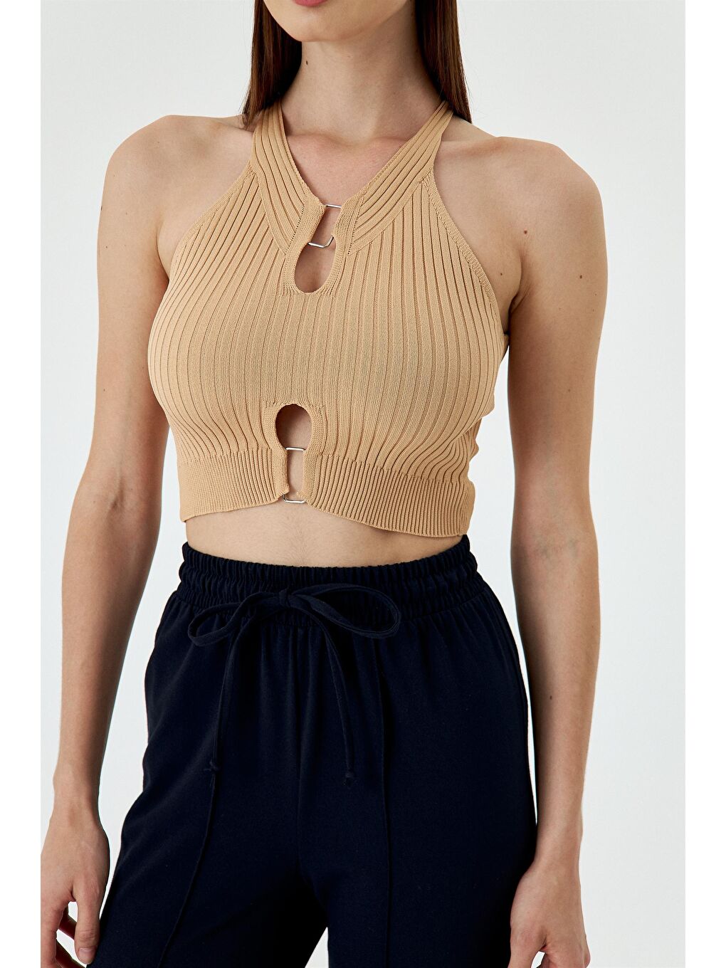 Fitilli Triko Bej Kadın Crop-6