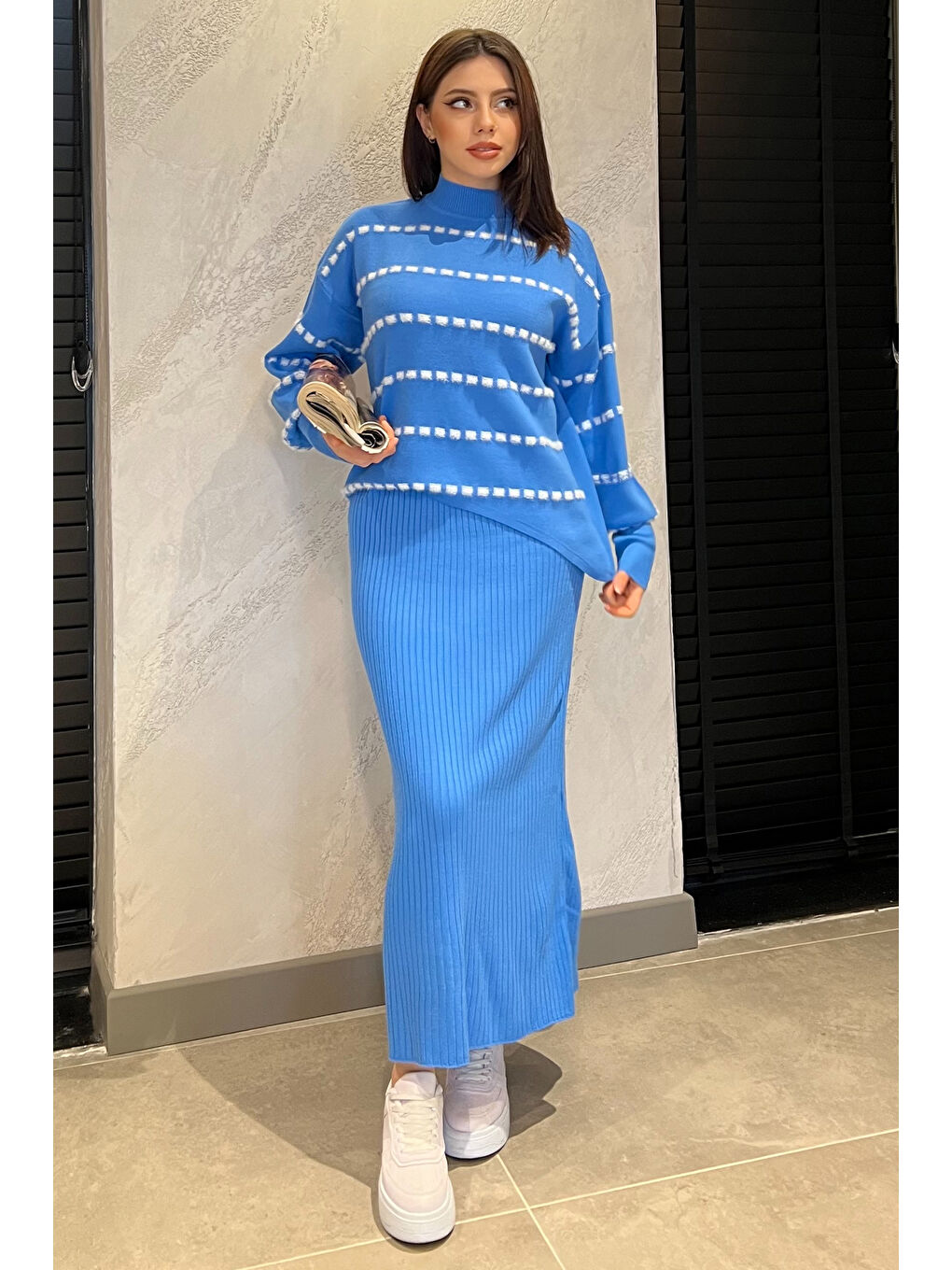 Mavi Triko Kazak Elbise İkili Takım