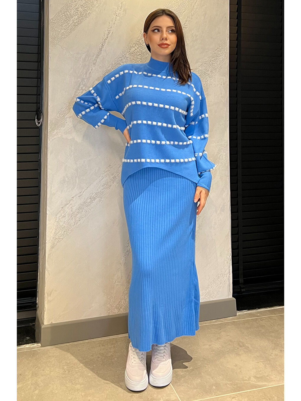 Mavi Triko Kazak Elbise İkili Takım-1