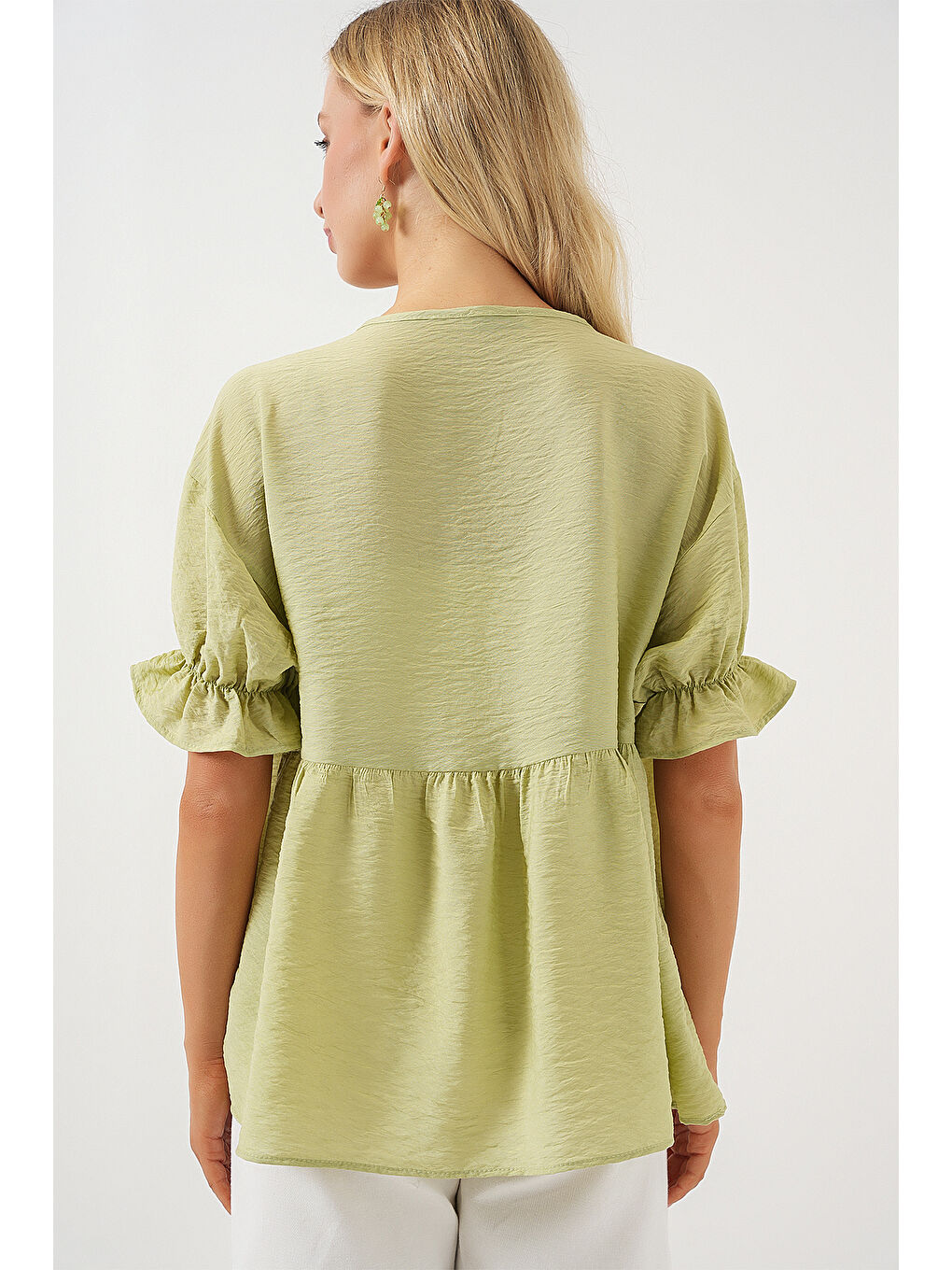 Kadın Önü Bağcıklı Kısa Kol Bluz 962 - E.Yeşil-5