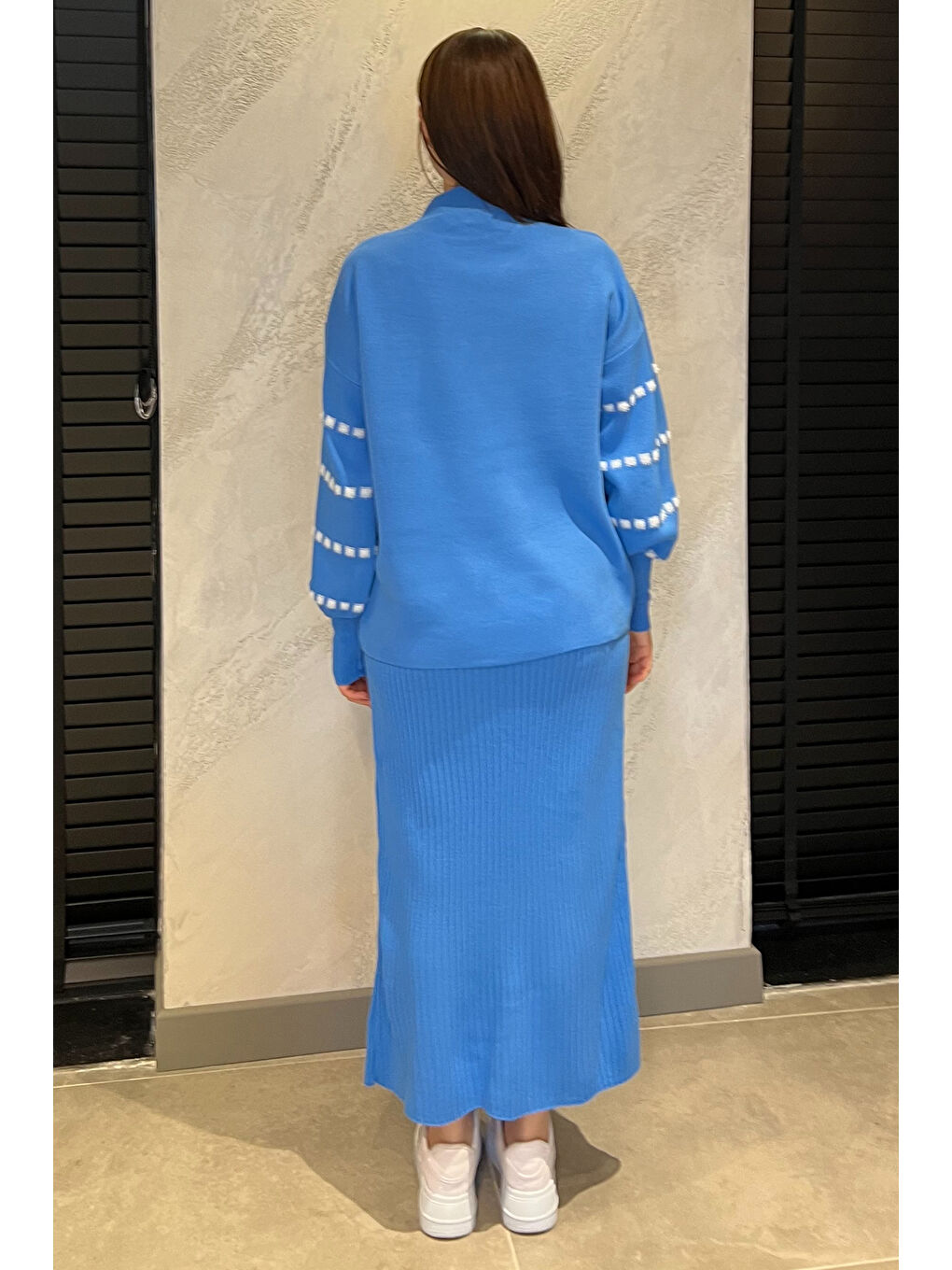 Mavi Triko Kazak Elbise İkili Takım-3