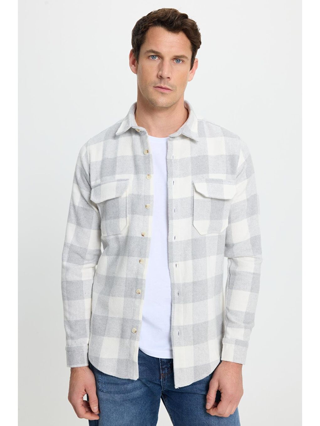 Karışık Erkek Slim Fit Dar Kesim Uzun Kollu Kapaklı Çift Cepli Kareli Kışlık Oduncu Gömlek
