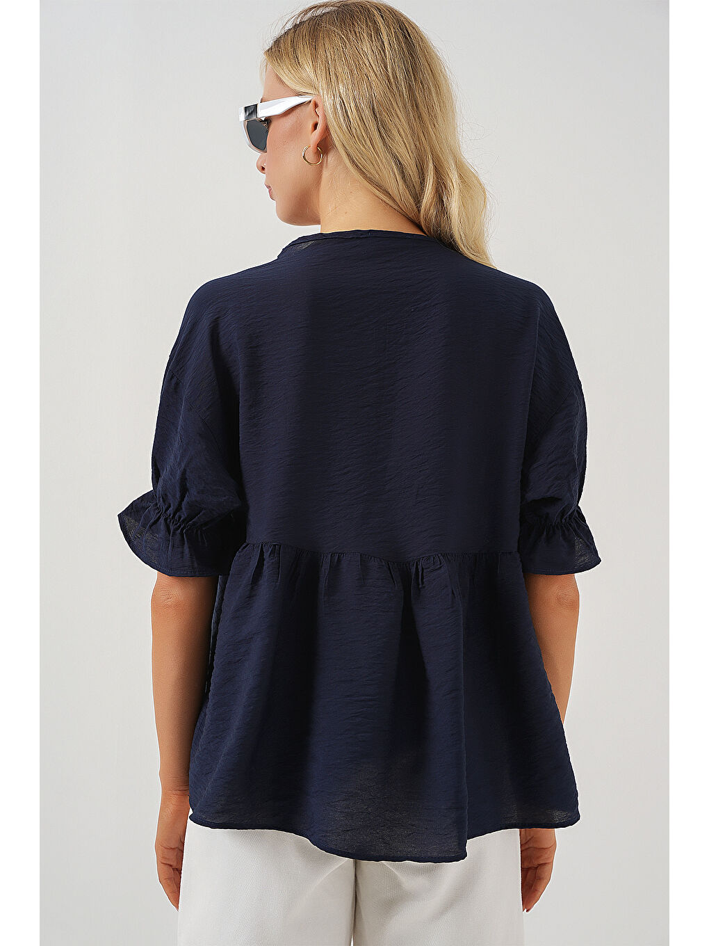 Kadın Önü Bağcıklı Kısa Kol Bluz 962 - Lacivert-5