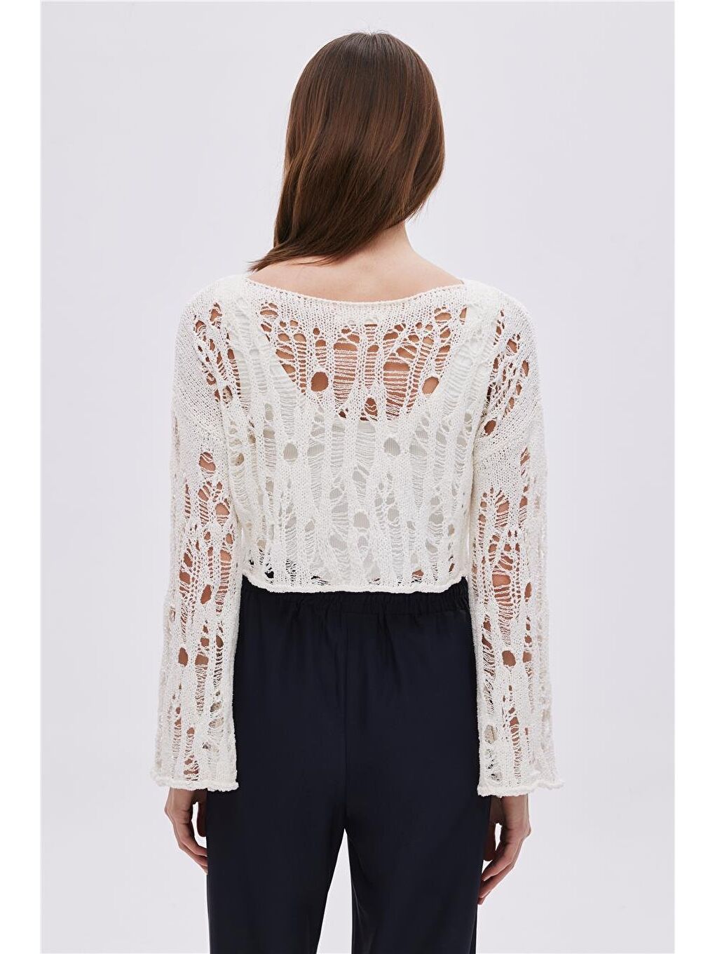Ekru Sökük Detaylı Triko Crop-4