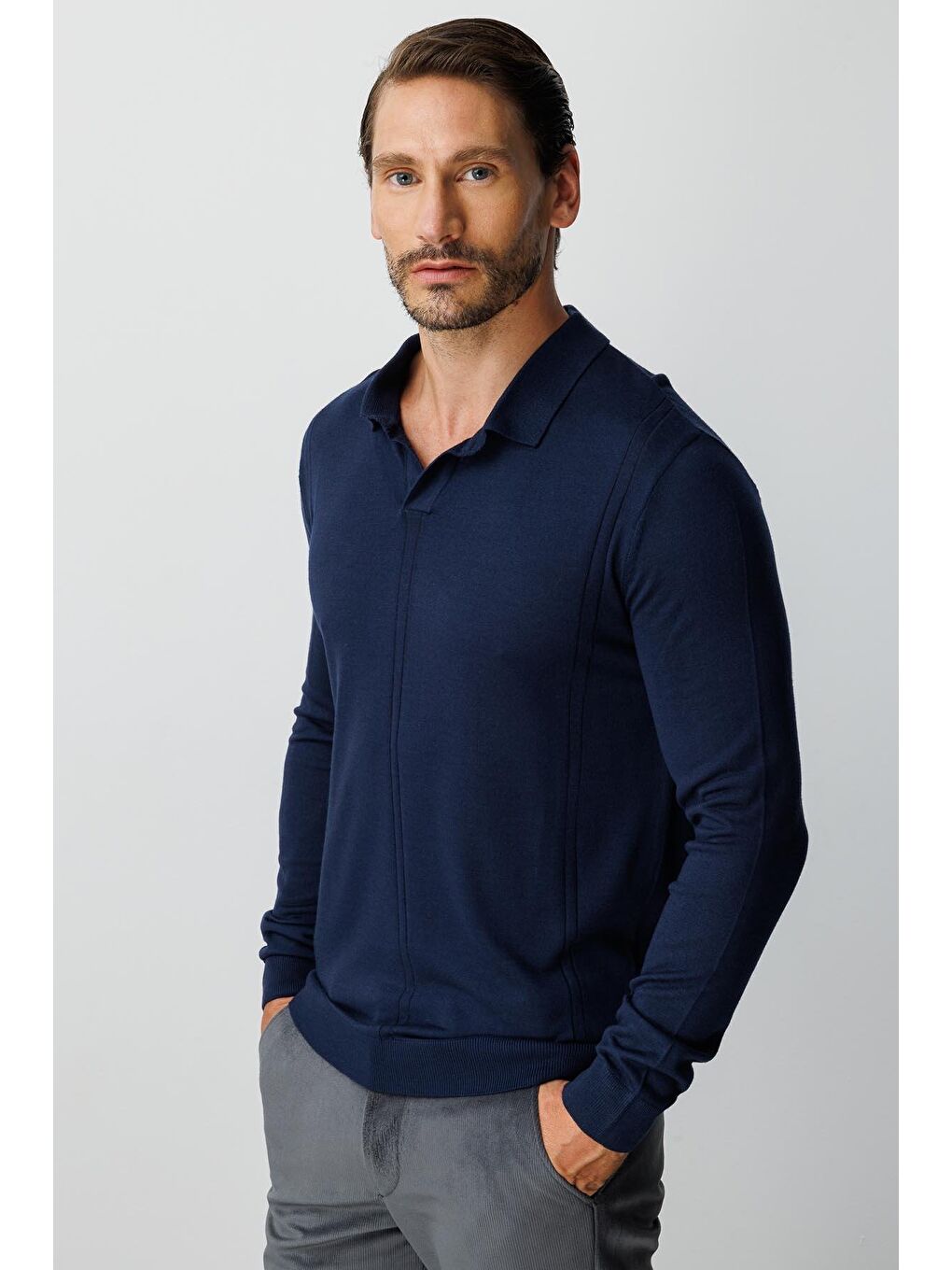 Lacivert Polo Yaka Düz Uzun Kollu Triko