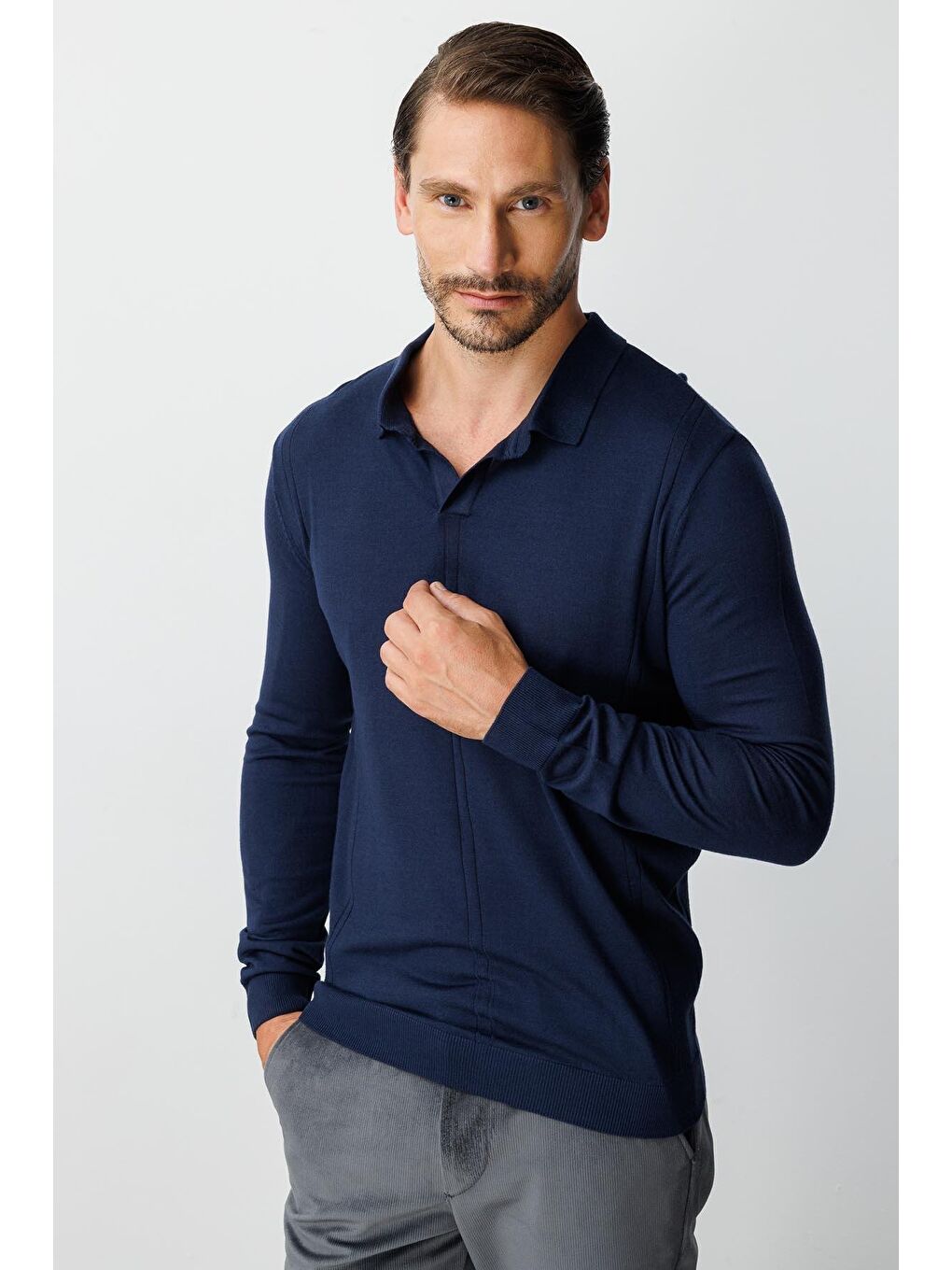 Lacivert Polo Yaka Düz Uzun Kollu Triko-1