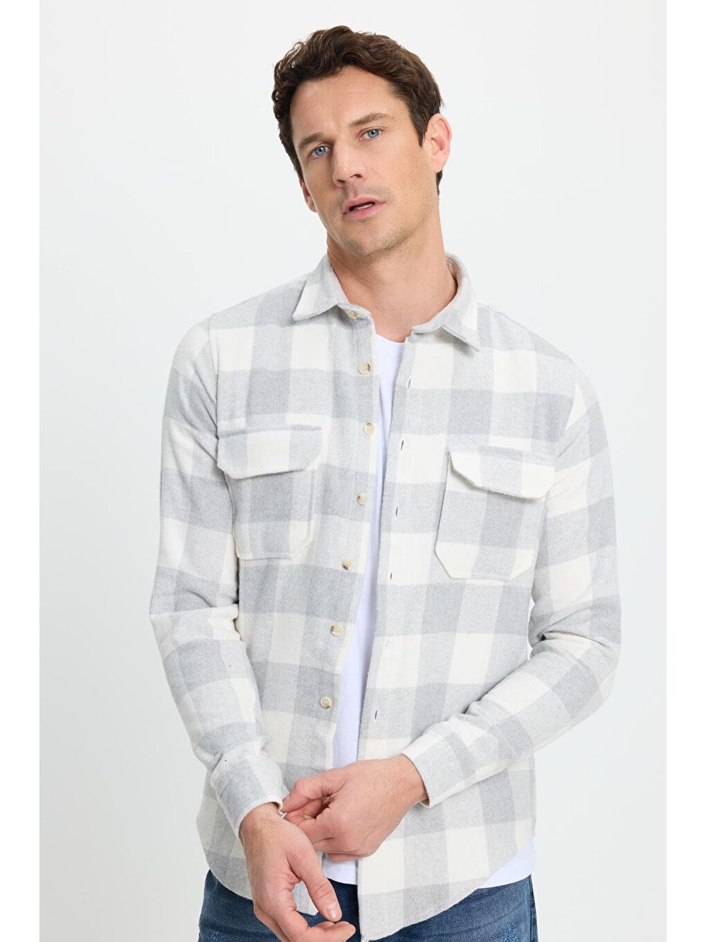 Karışık Erkek Slim Fit Dar Kesim Uzun Kollu Kapaklı Çift Cepli Kareli Kışlık Oduncu Gömlek-4