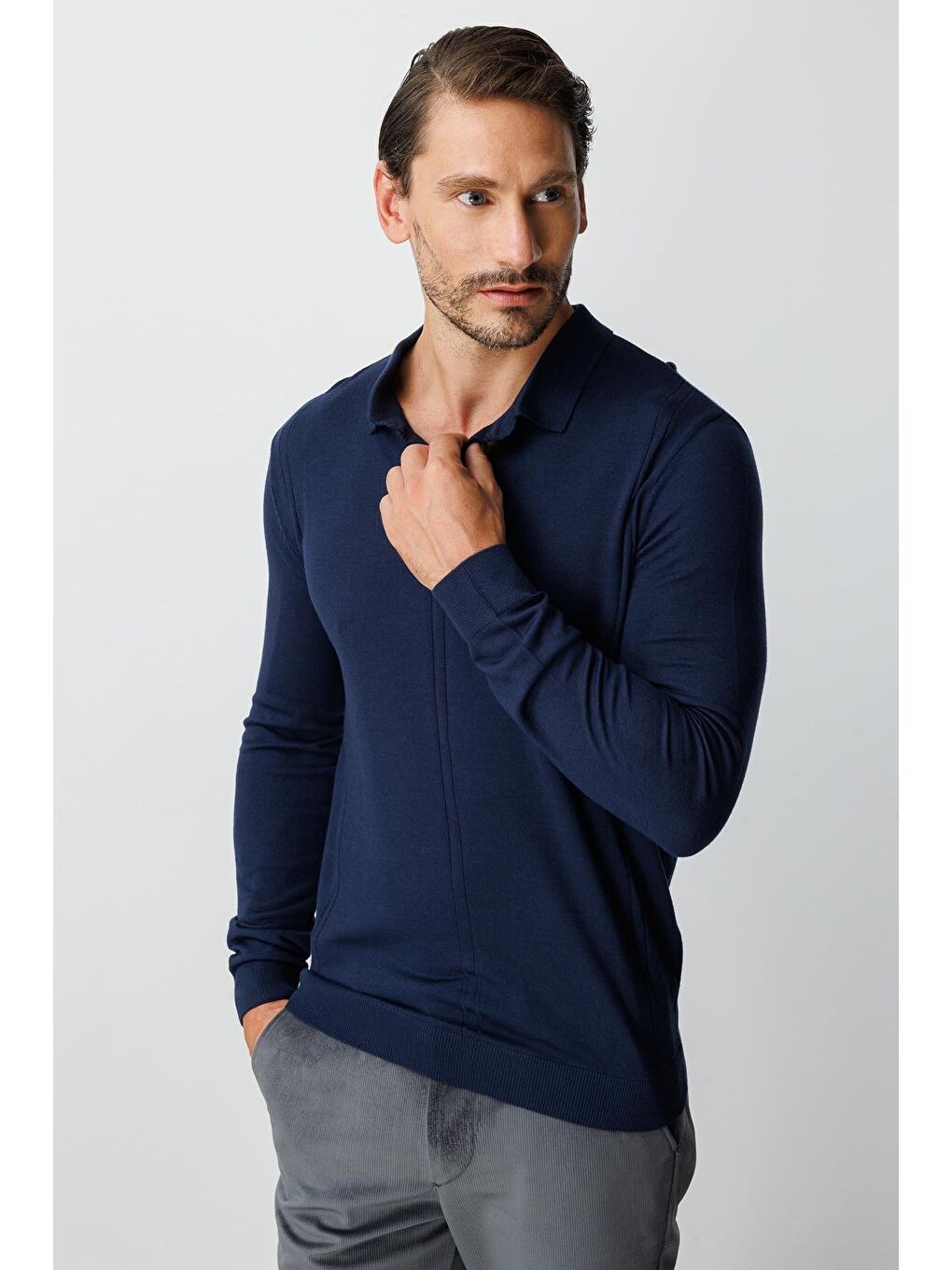 Lacivert Polo Yaka Düz Uzun Kollu Triko-2