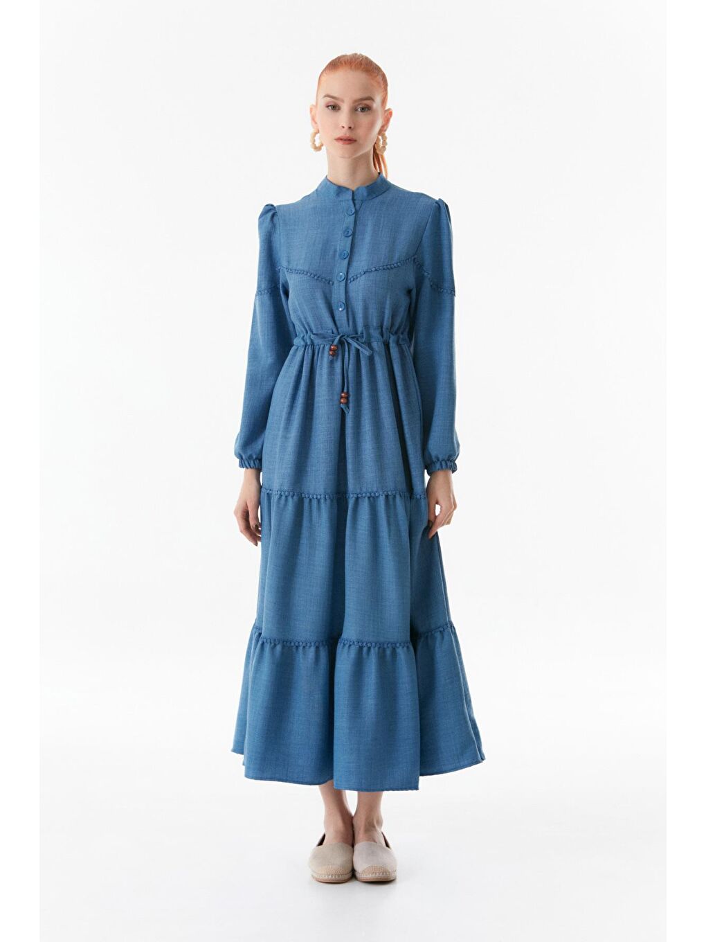 İndigo Beli Bağlamalı Hakim Yaka Elbise-1