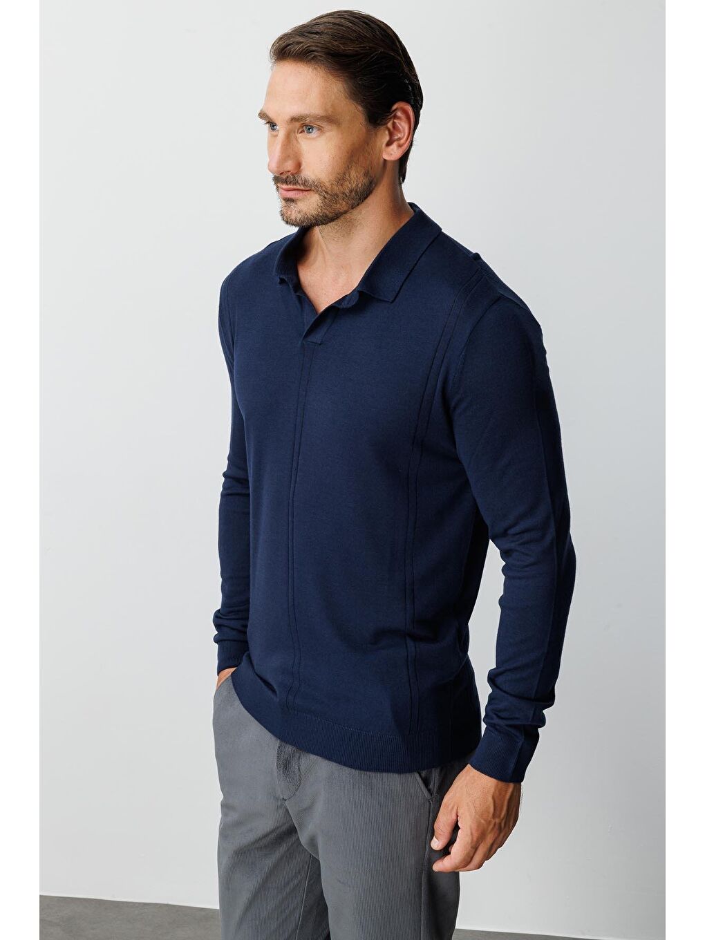 Lacivert Polo Yaka Düz Uzun Kollu Triko-3