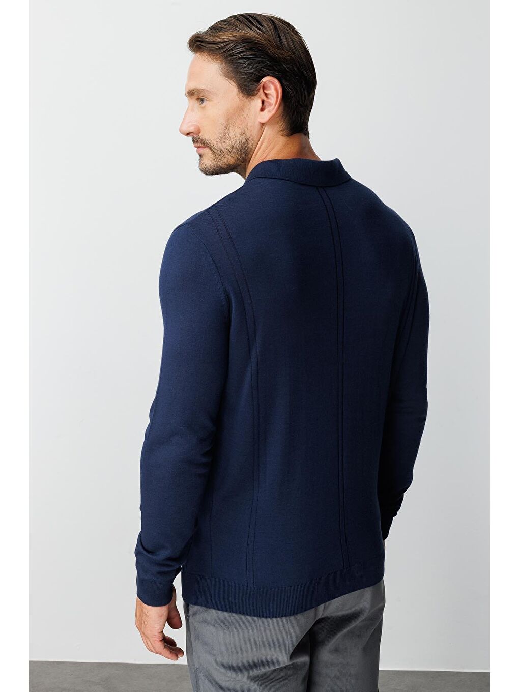 Lacivert Polo Yaka Düz Uzun Kollu Triko-4