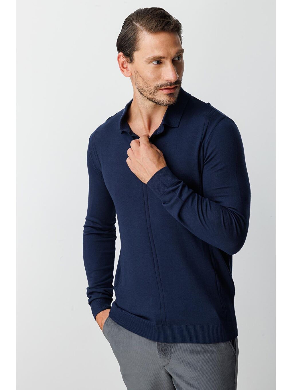 Lacivert Polo Yaka Düz Uzun Kollu Triko-5