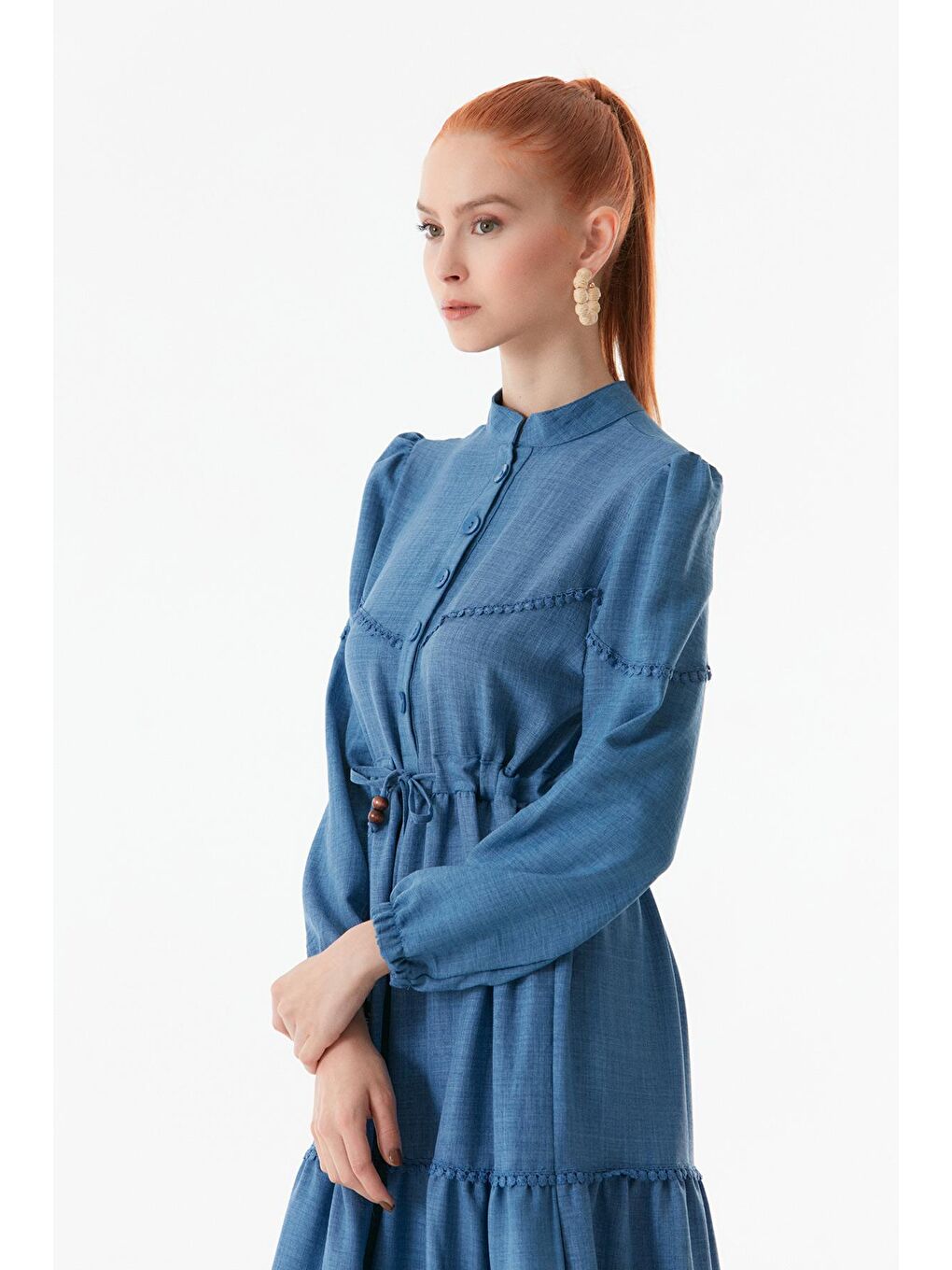 İndigo Beli Bağlamalı Hakim Yaka Elbise-2