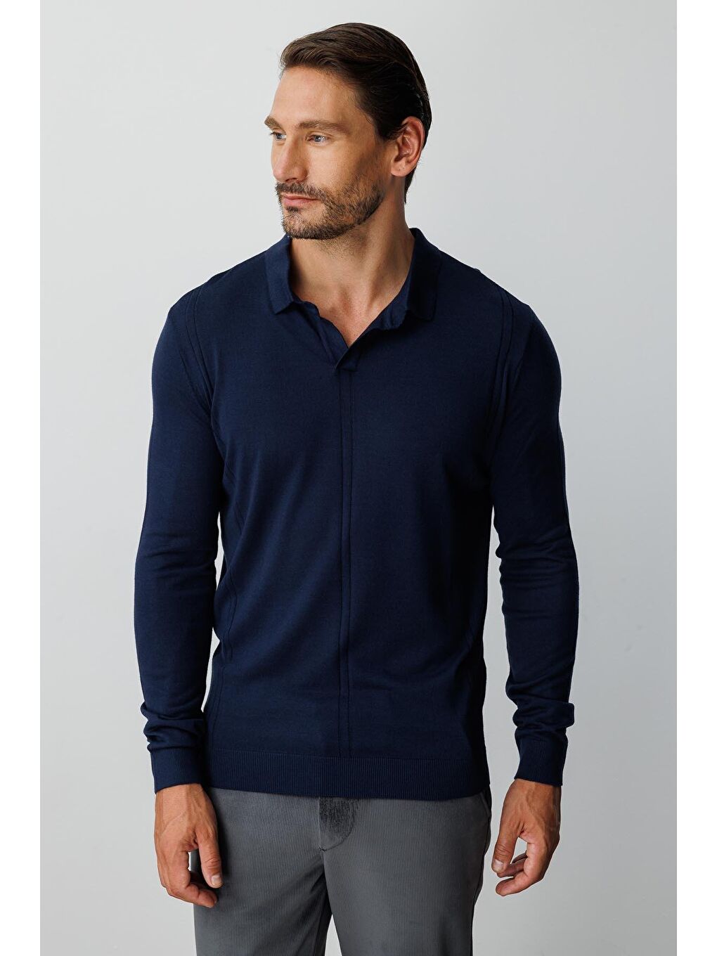 Lacivert Polo Yaka Düz Uzun Kollu Triko-6