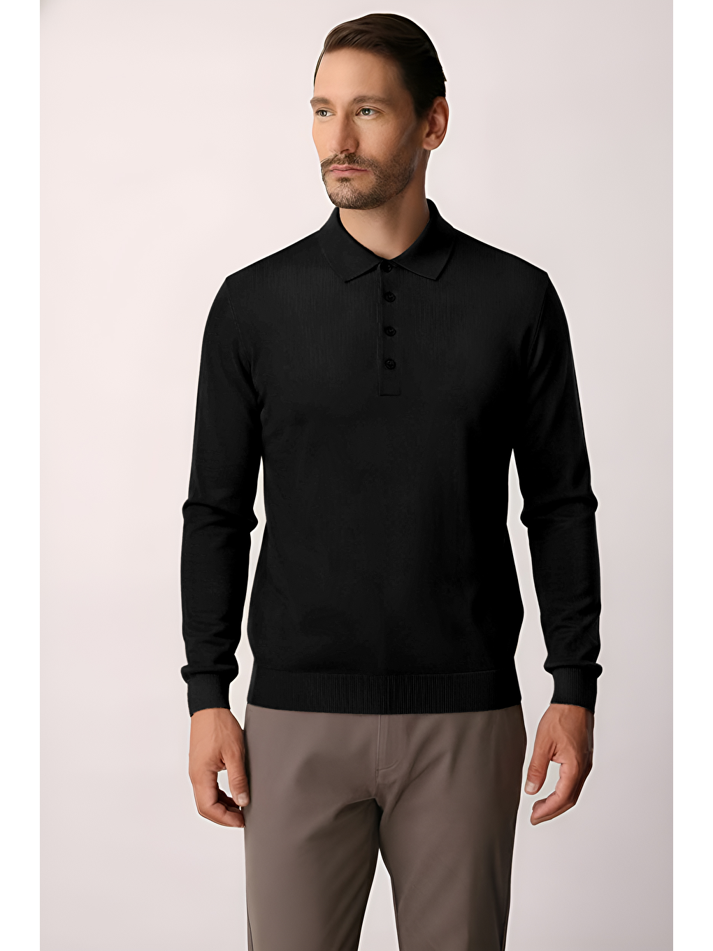 Siyah Dar Kalıp Polo Yaka Düz Uzun Kollu Triko
