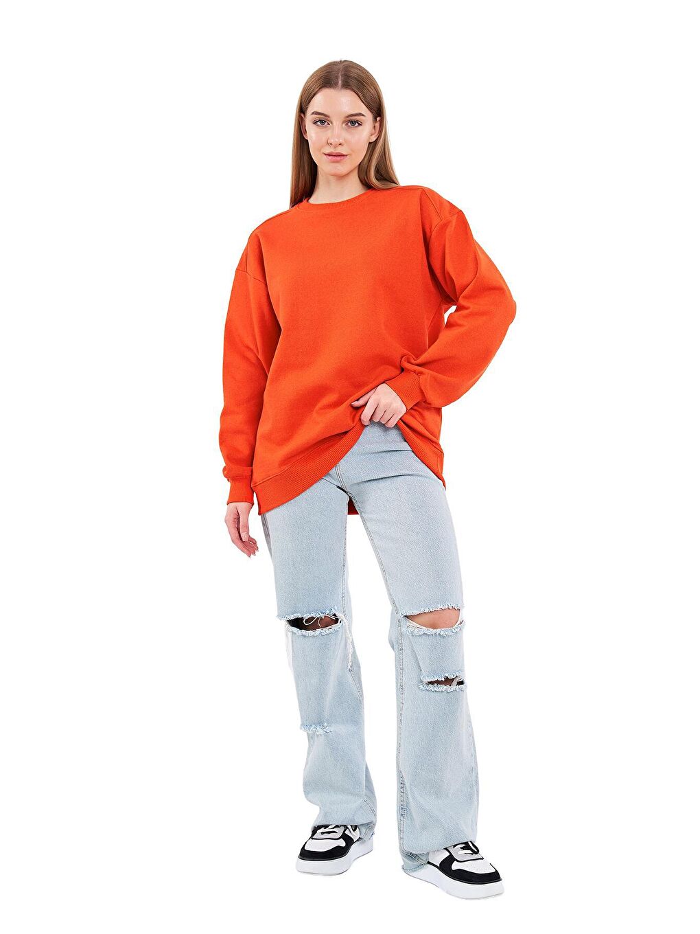 MMETALIC Turuncu Kadın Pamuklu Oversize Basic Bisiklet Yaka Sweatshirt