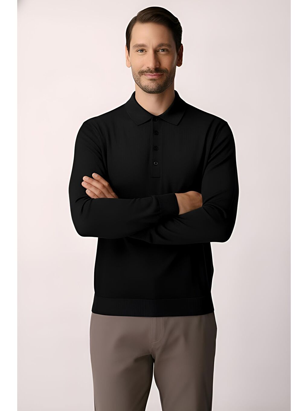 Siyah Dar Kalıp Polo Yaka Düz Uzun Kollu Triko-1