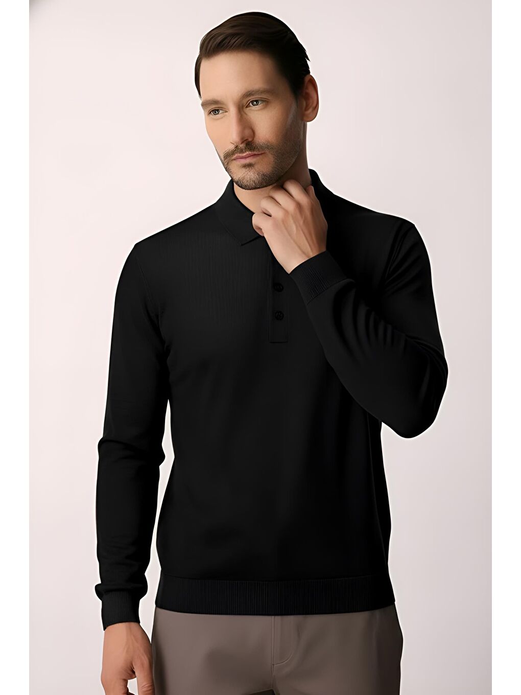 Siyah Dar Kalıp Polo Yaka Düz Uzun Kollu Triko-2