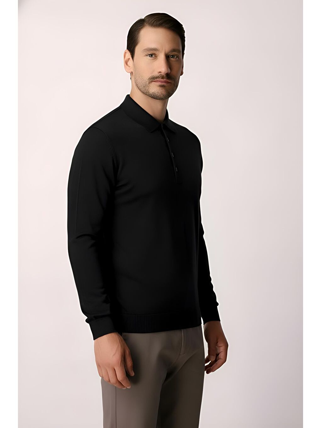 Siyah Dar Kalıp Polo Yaka Düz Uzun Kollu Triko-3