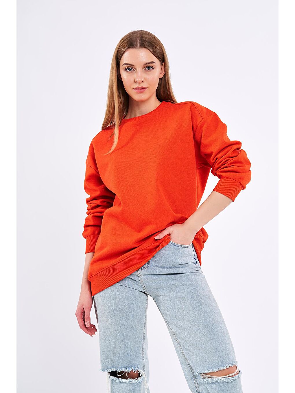 MMETALIC Turuncu Kadın Pamuklu Oversize Basic Bisiklet Yaka Sweatshirt - 3