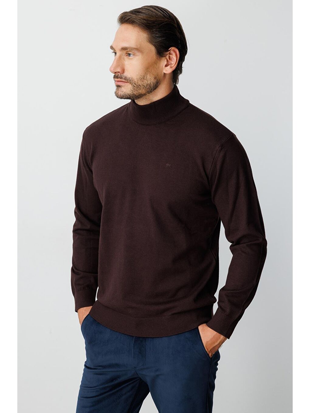 Kahverengi Kahve Dar Kalıp Yarım Balıkçı Düz Triko-1