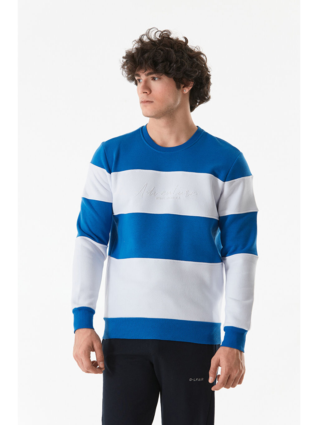 Fullamoda Saks Renk Bloklu Yazı Baskılı Bisiklet Yaka Sweatshirt - 3