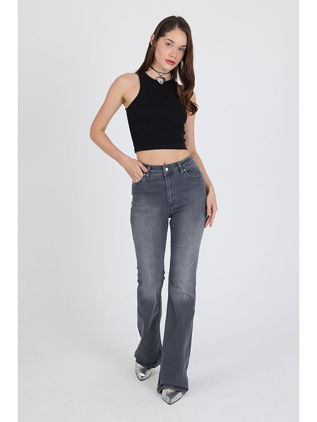 Gri İspanyol Paça Esnek Kumaş Regular Kadın Jean Kadın Jean Pantolon 2833-1