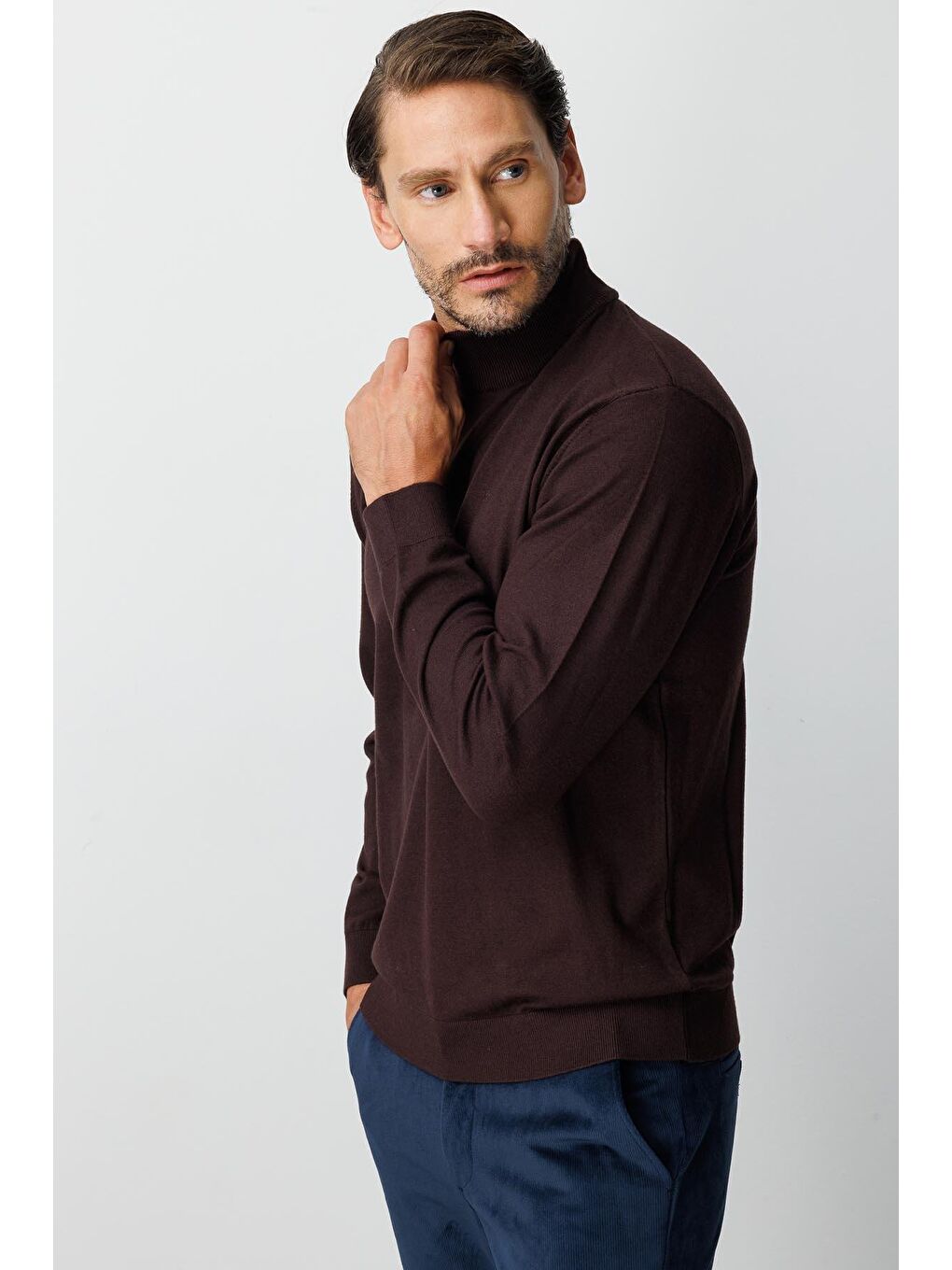 Kahverengi Kahve Dar Kalıp Yarım Balıkçı Düz Triko-5