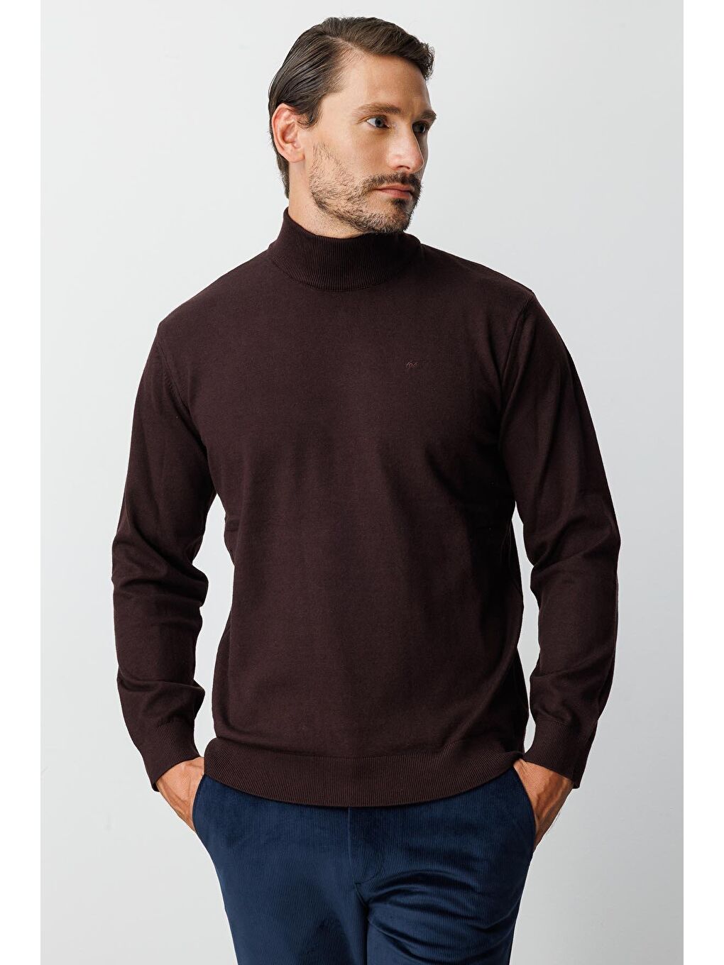 Kahverengi Kahve Dar Kalıp Yarım Balıkçı Düz Triko-6