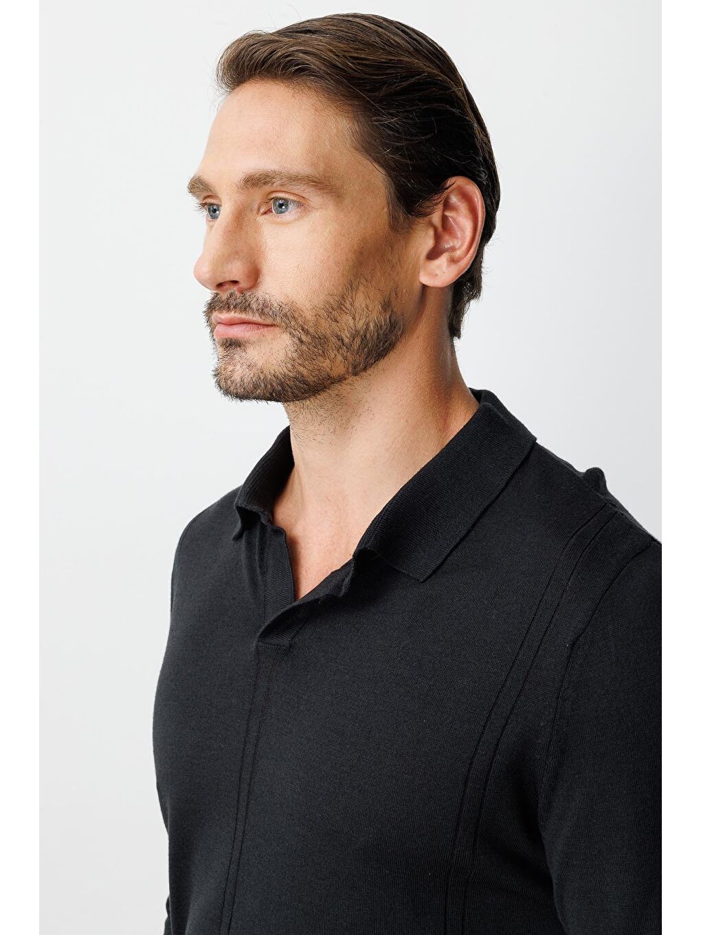 Siyah Polo Yaka Düz Uzun Kollu Triko-3