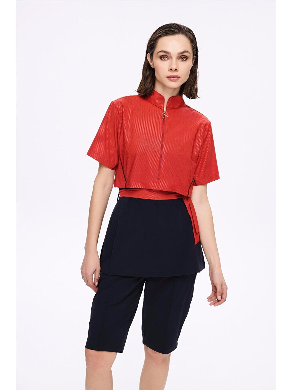 Kuşak Detaylı Dokulu Kumaş Kırmızı 5 Parça Yarı Kapalı Mayo Takımı 5046-1