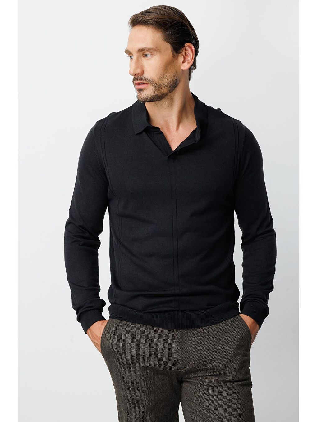 Siyah Polo Yaka Düz Uzun Kollu Triko-5