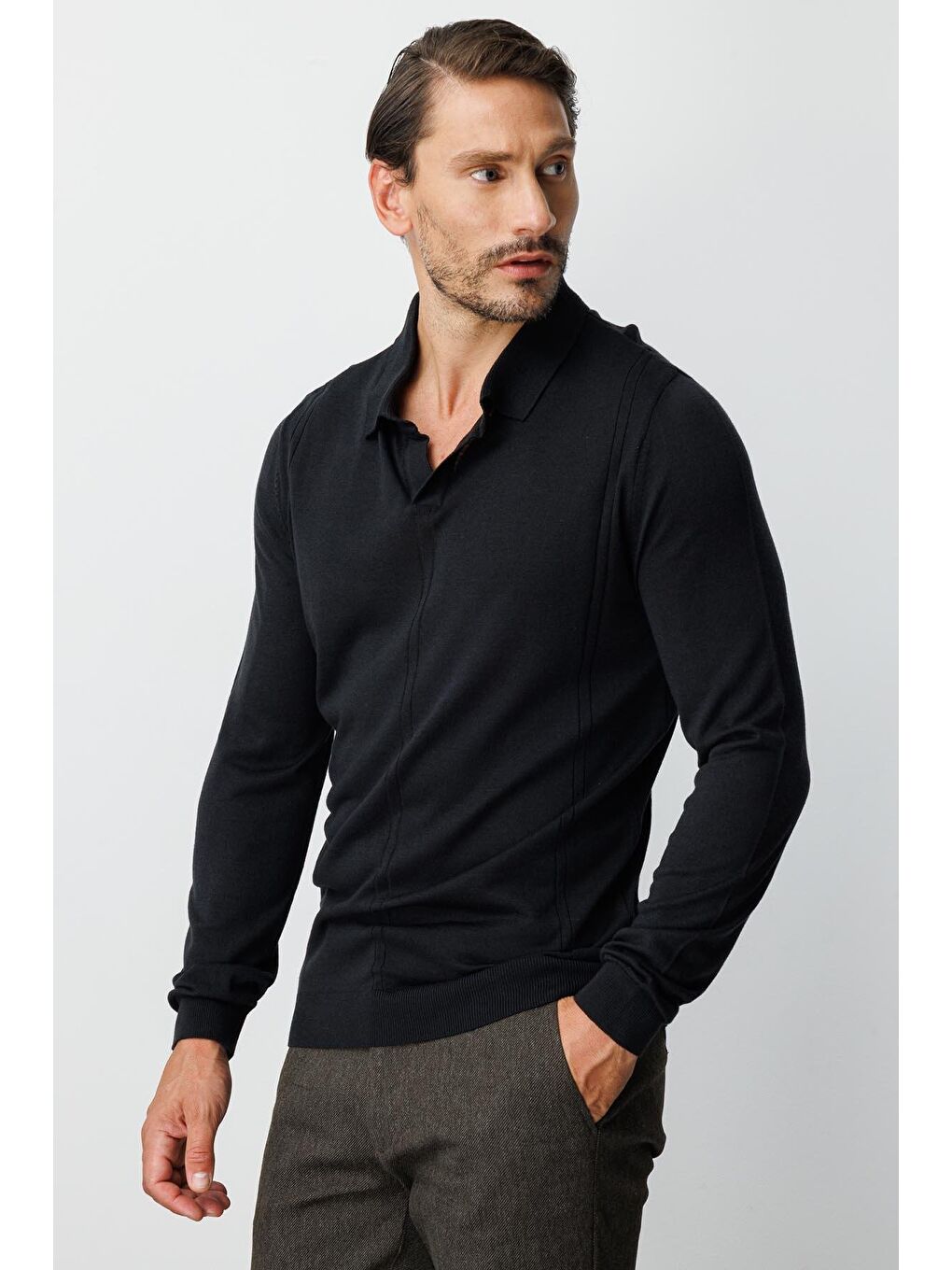 Siyah Polo Yaka Düz Uzun Kollu Triko-6