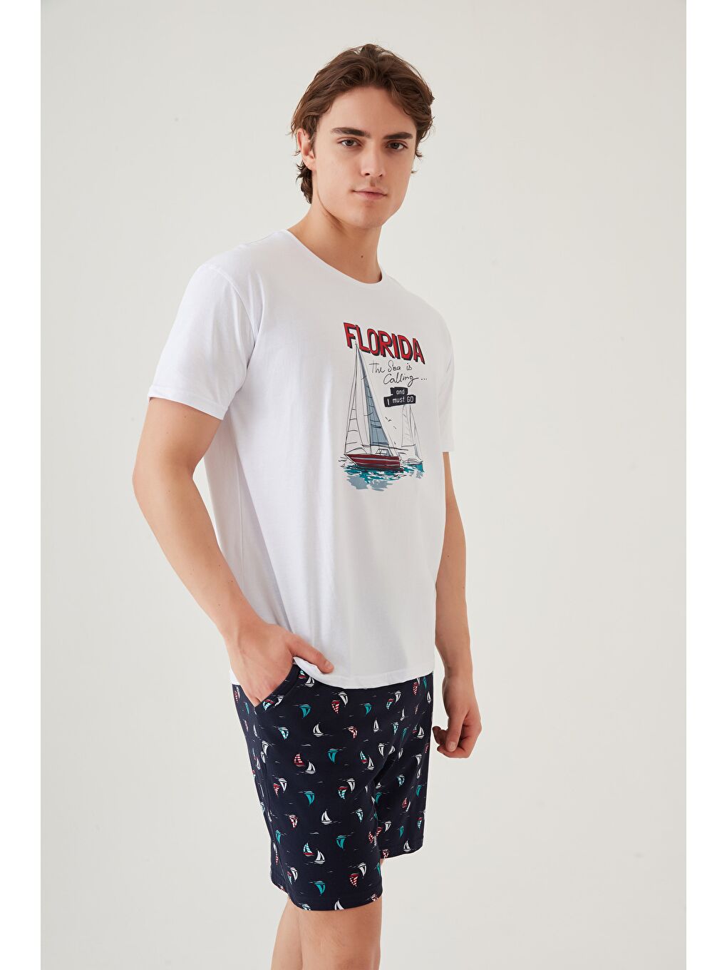 Mavi Erkek Pamuklu Kısa Kollu Marine Baskılı Cepli Şortlu Takım-1