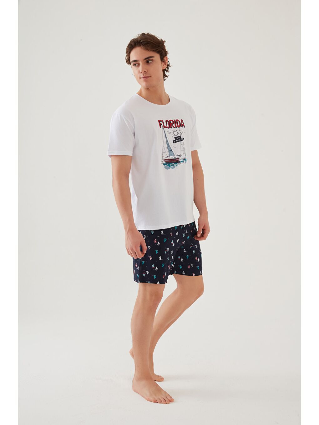 Mavi Erkek Pamuklu Kısa Kollu Marine Baskılı Cepli Şortlu Takım-3