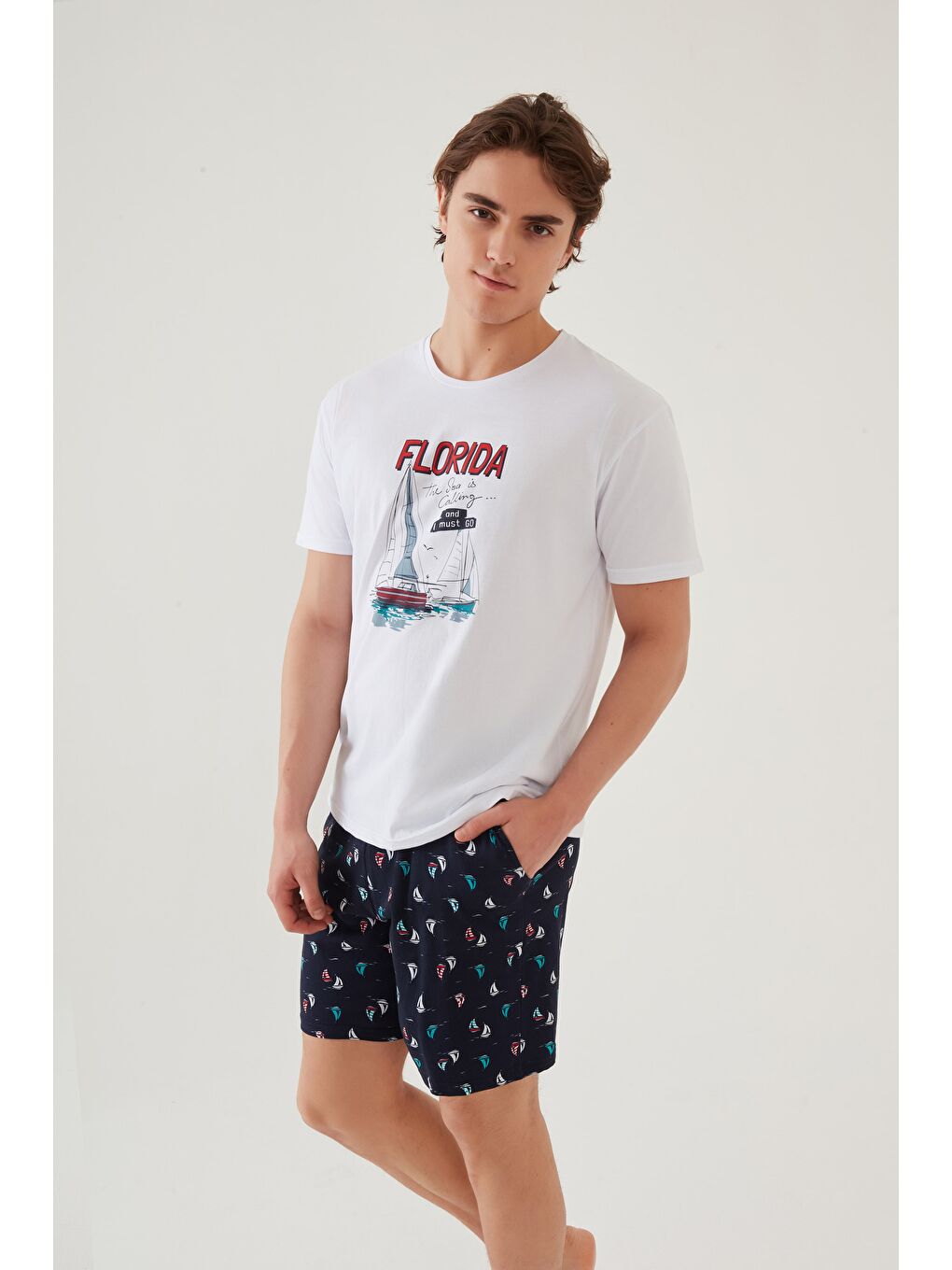 Mavi Erkek Pamuklu Kısa Kollu Marine Baskılı Cepli Şortlu Takım-4