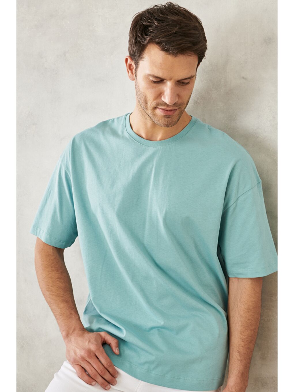 Erkek Petrol Oversize Bisiklet Yaka %100 Pamuk Tişört