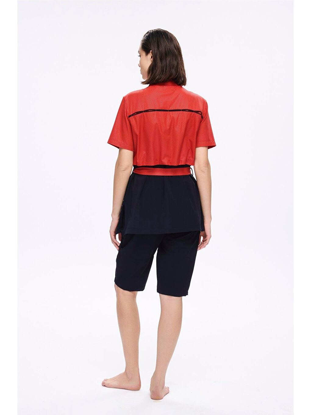 Kuşak Detaylı Dokulu Kumaş Kırmızı 5 Parça Yarı Kapalı Mayo Takımı 5046-10