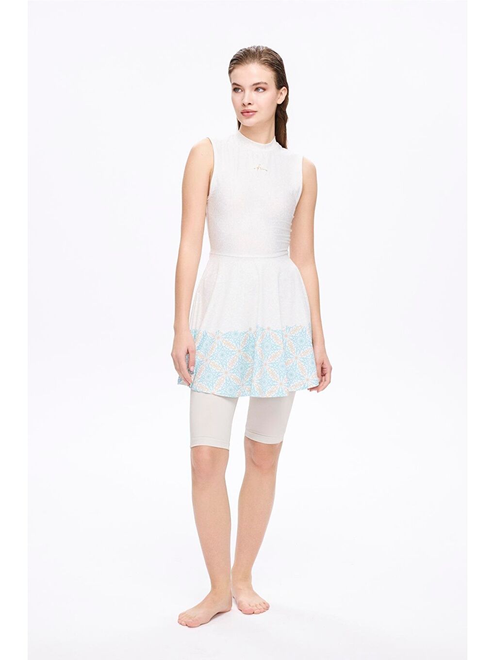 Ekru Desenli Krem Renk 4 Parça Yarı Kapalı Mayo Takımı 5020