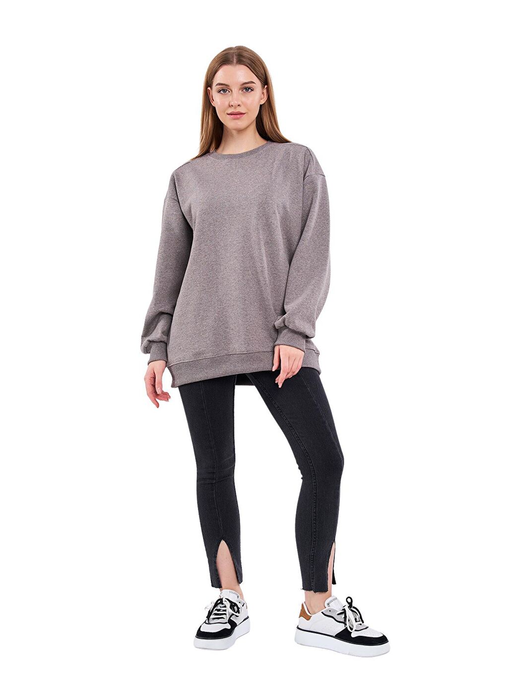 MMETALIC Kahverengi Kahve Kadın Pamuklu Oversize Basic Bisiklet Yaka Sweatshirt