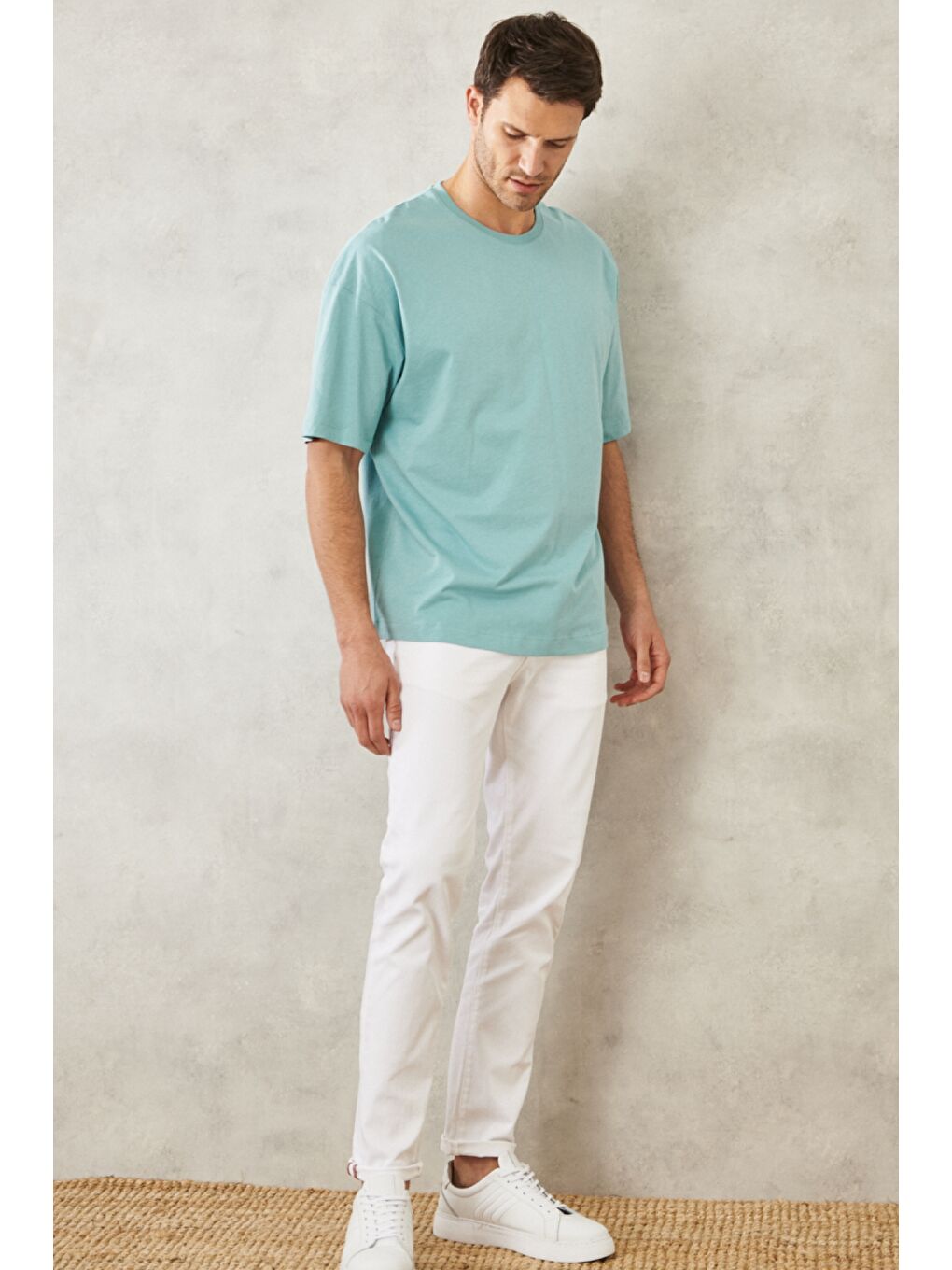 Erkek Petrol Oversize Bisiklet Yaka %100 Pamuk Tişört-1