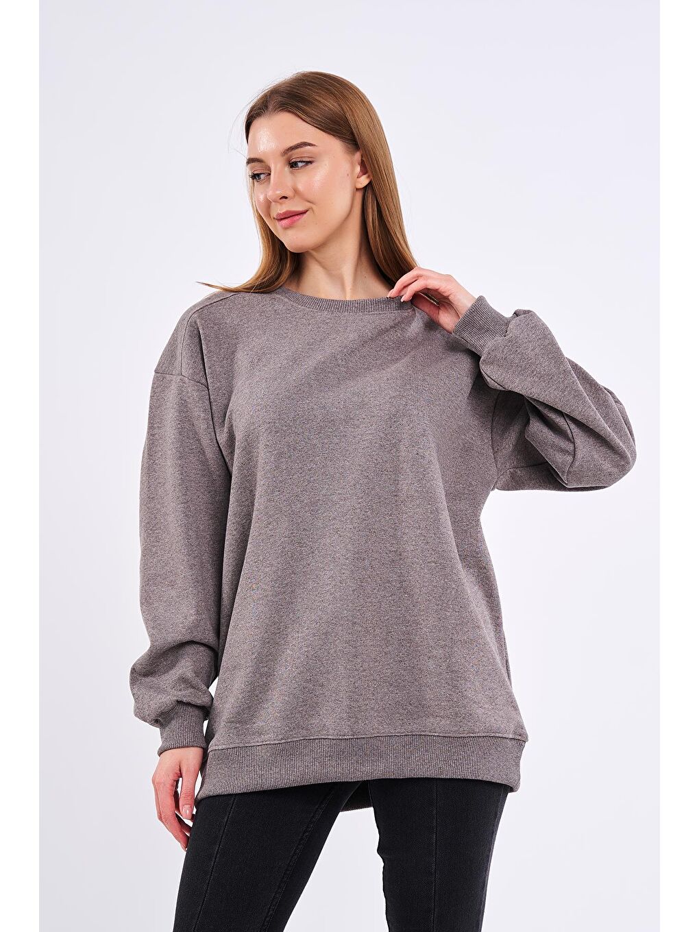 MMETALIC Kahverengi Kahve Kadın Pamuklu Oversize Basic Bisiklet Yaka Sweatshirt - 1