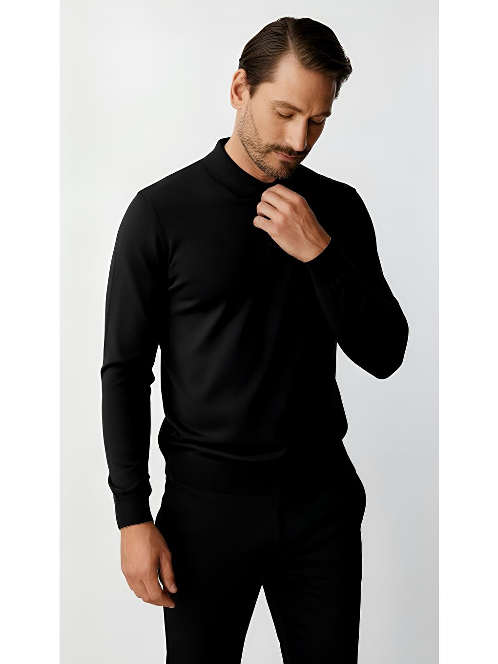 Siyah Dar Kalıp Polo Yaka Düz Uzun Kollu Rayon Triko-1