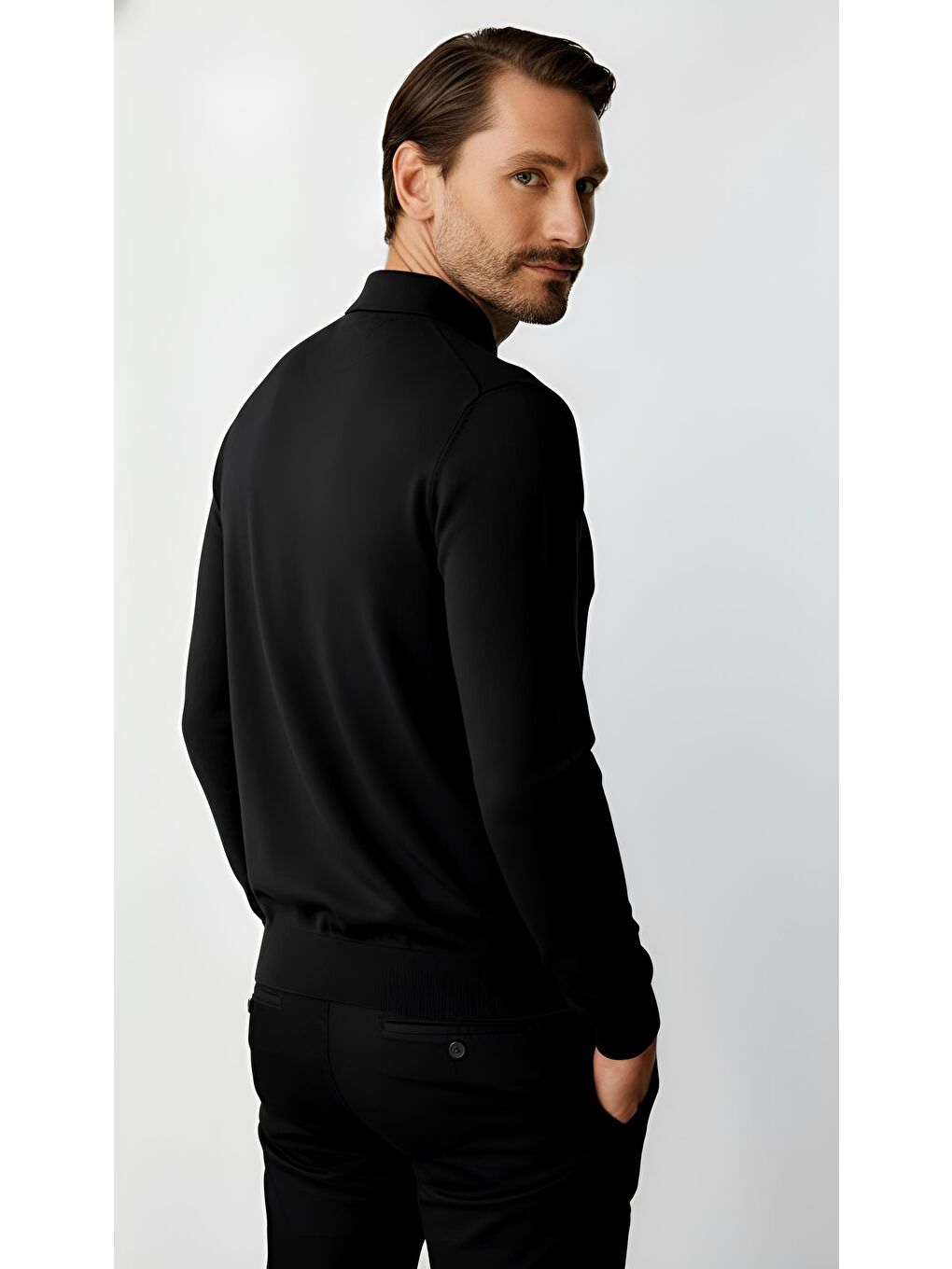 Siyah Dar Kalıp Polo Yaka Düz Uzun Kollu Rayon Triko-3