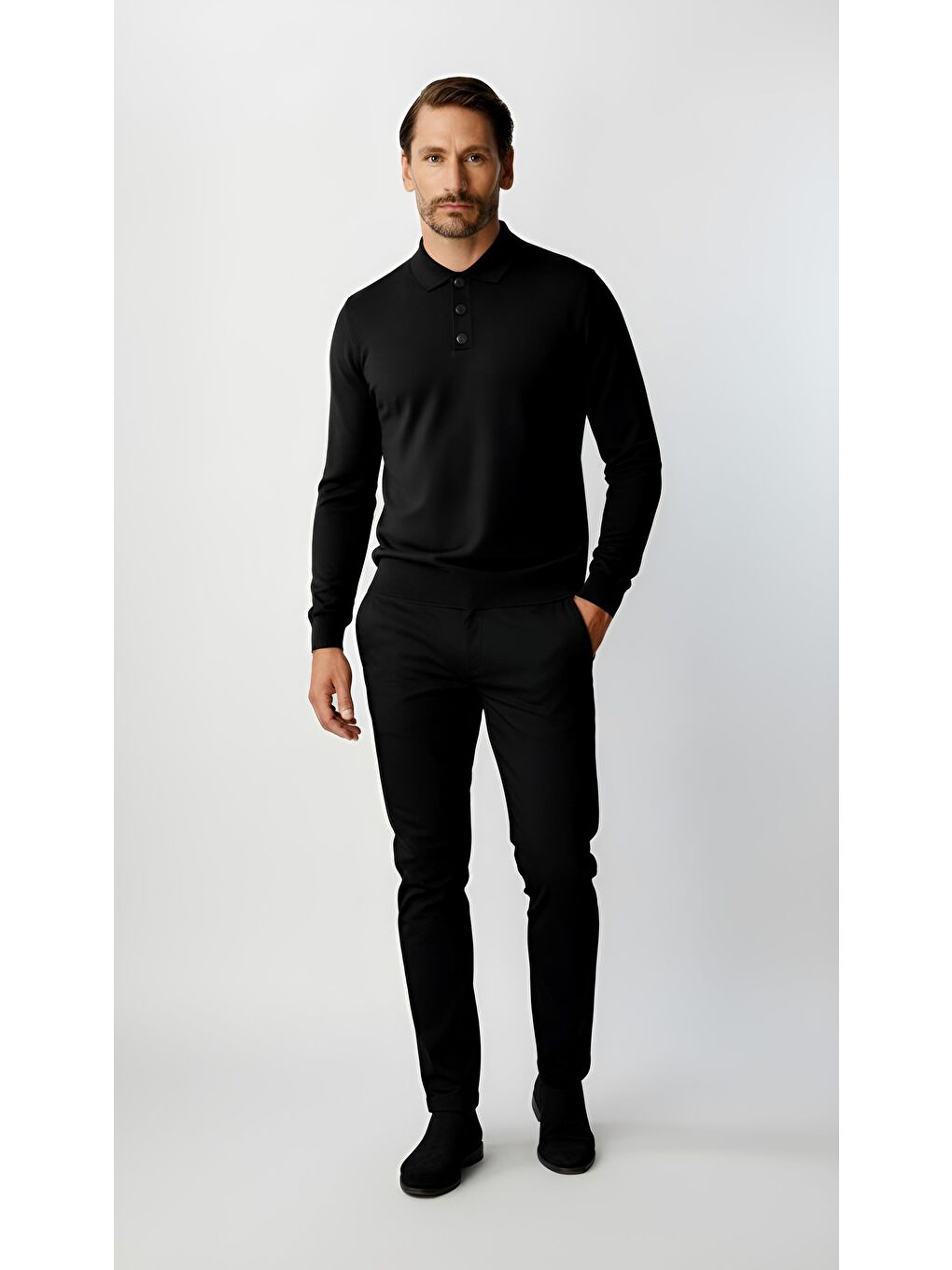 Siyah Dar Kalıp Polo Yaka Düz Uzun Kollu Rayon Triko-4