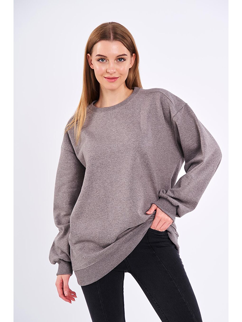 MMETALIC Kahverengi Kahve Kadın Pamuklu Oversize Basic Bisiklet Yaka Sweatshirt - 2